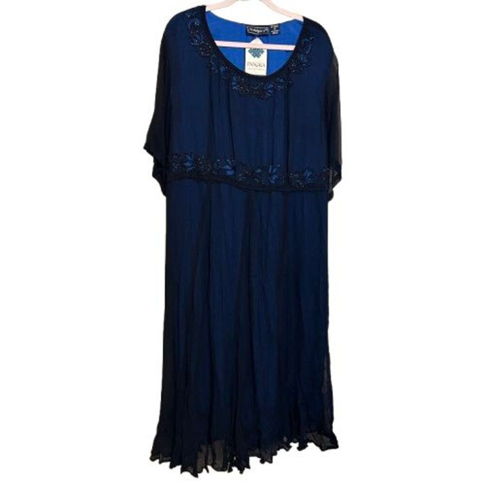 VTG Y2K Nostalgia Beaded Chiffon Overlay Maxi Dress 1X Blue Celestial Whimsygoth